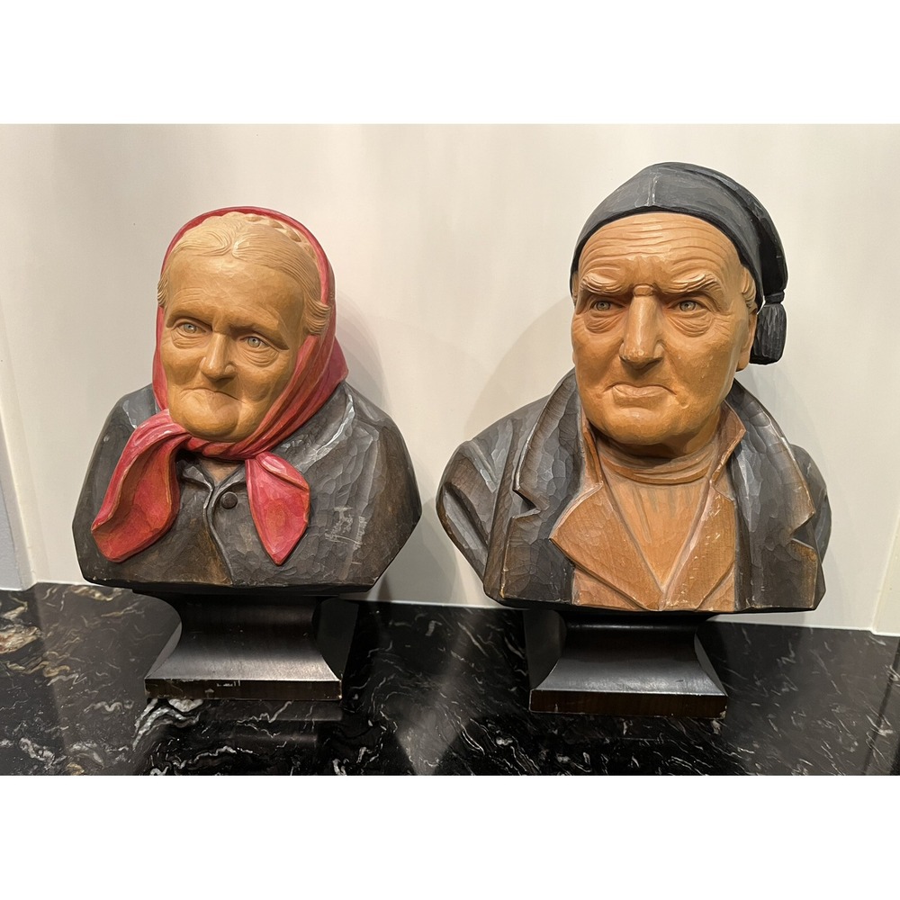 Vintage SWISS Hans Huggler Wyss LARGE Hand Carved Wood BUST OLD Man& Woman 12.5"